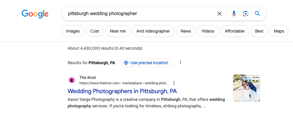 Pittsburgh Wedding Photography SERP