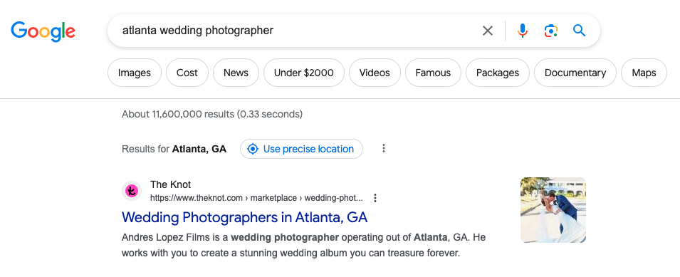 Screenshot of SERP for Atlanta wedding photographer keyword