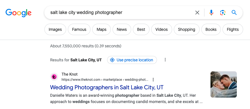 Screenshot of SERP for Kansas City wedding photographer keyword