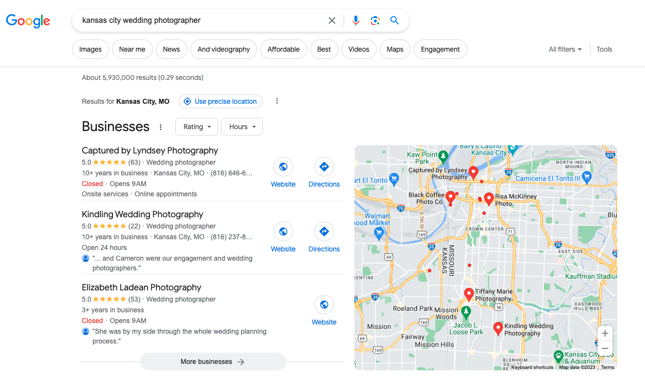 Screenshot of SERP for Kansas City wedding photographer keyword showing Google Maps