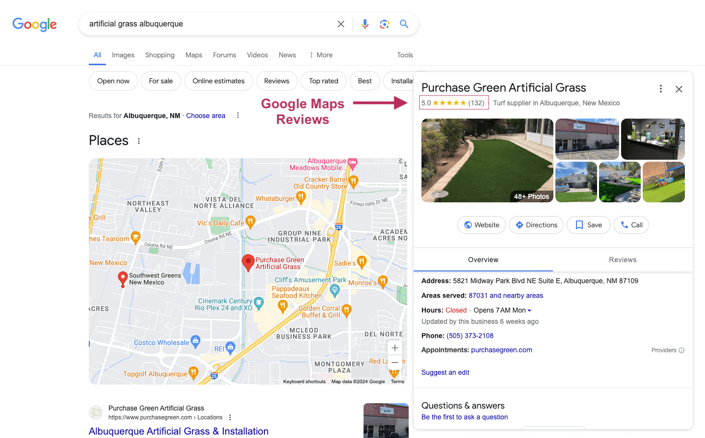 showing artificial grass reviews on google maps for a landscaping company