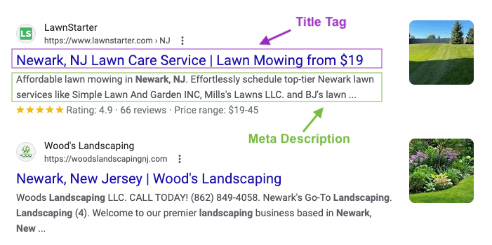 showing 2 landscaping companies SEO title tag and meta description