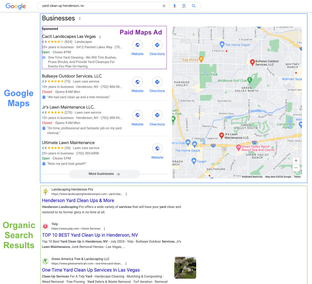 a comparison of traditional organic search results vs google maps search results for landscaping companies