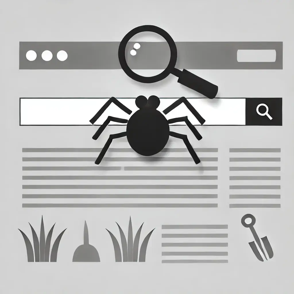 showing ai generated unrealistic depiction of a web crawler spider crawling a landscaping business website