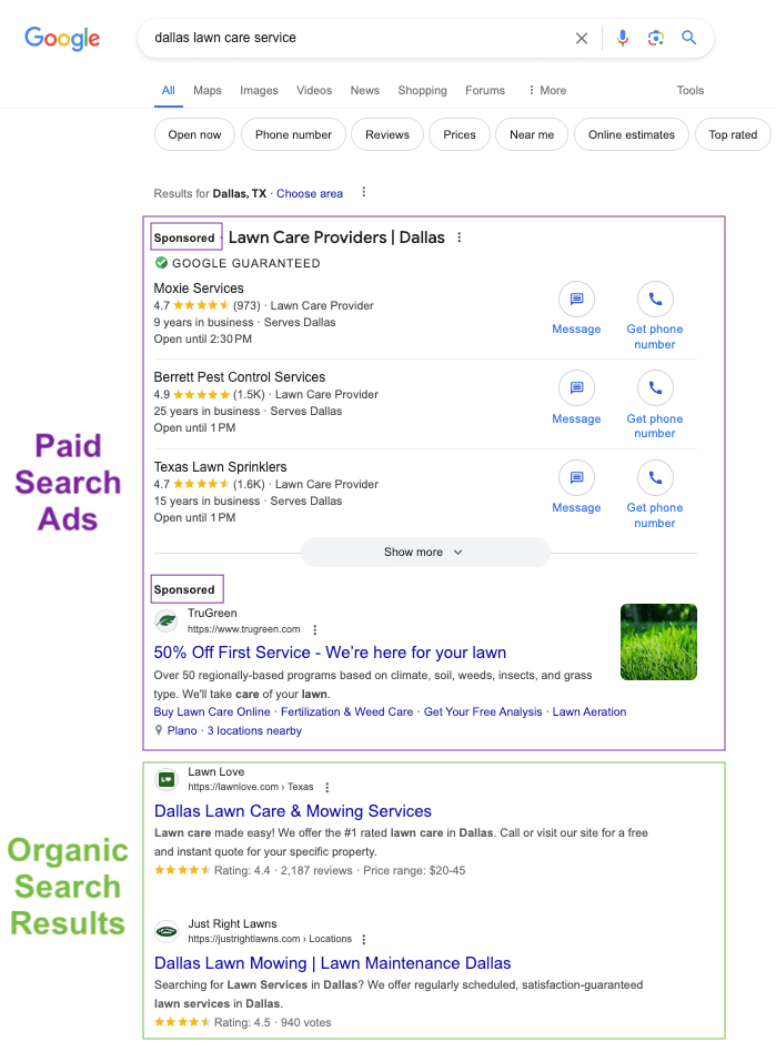 a comparison of paid vs organic landscaper search results
